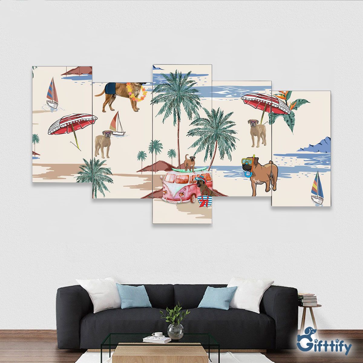 Boerboel Framed Five-Piece Mural - Dog Beach, Boating, Relaxing, Sunbathing, Snorkeling, Summer Beach Vacation Framed Five-Piece Mural