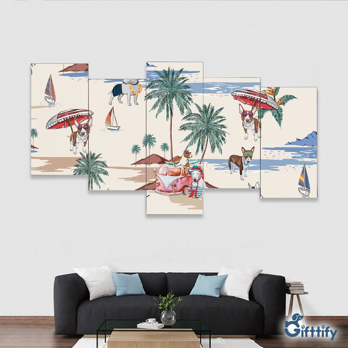 Bull Terrier Framed Five-Piece Mural - Dog Beach, Boating, Relaxing, Sunbathing, Snorkeling, Summer Beach Vacation Framed Five-Piece Mural