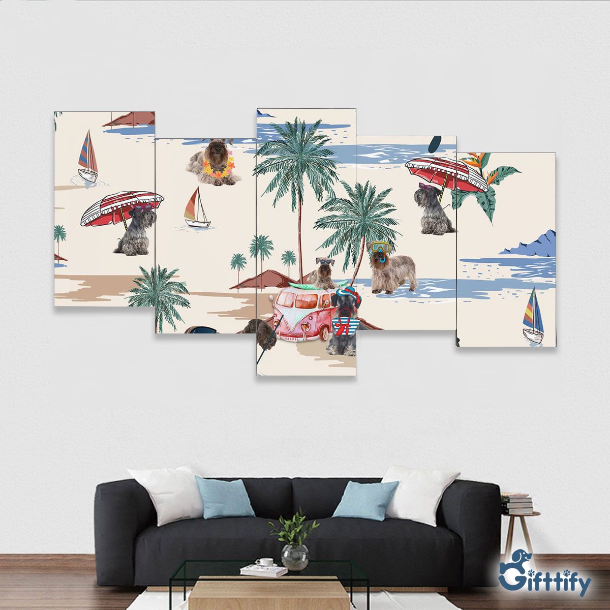 Cesky Terrier Framed Five-Piece Mural - Dog Beach, Boating, Relaxing, Sunbathing, Snorkeling, Summer Beach Vacation Framed Five-Piece Mural