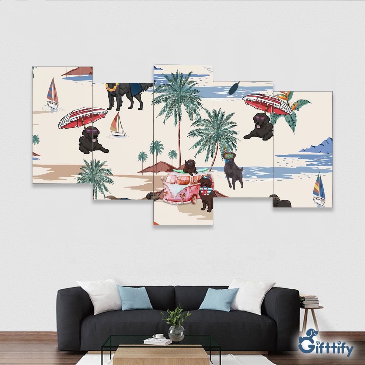 Flat Coated Retriever Framed Five-Piece Mural - Dog Beach, Boating, Relaxing, Sunbathing, Snorkeling, Summer Beach Vacation Framed Five-Piece Mural