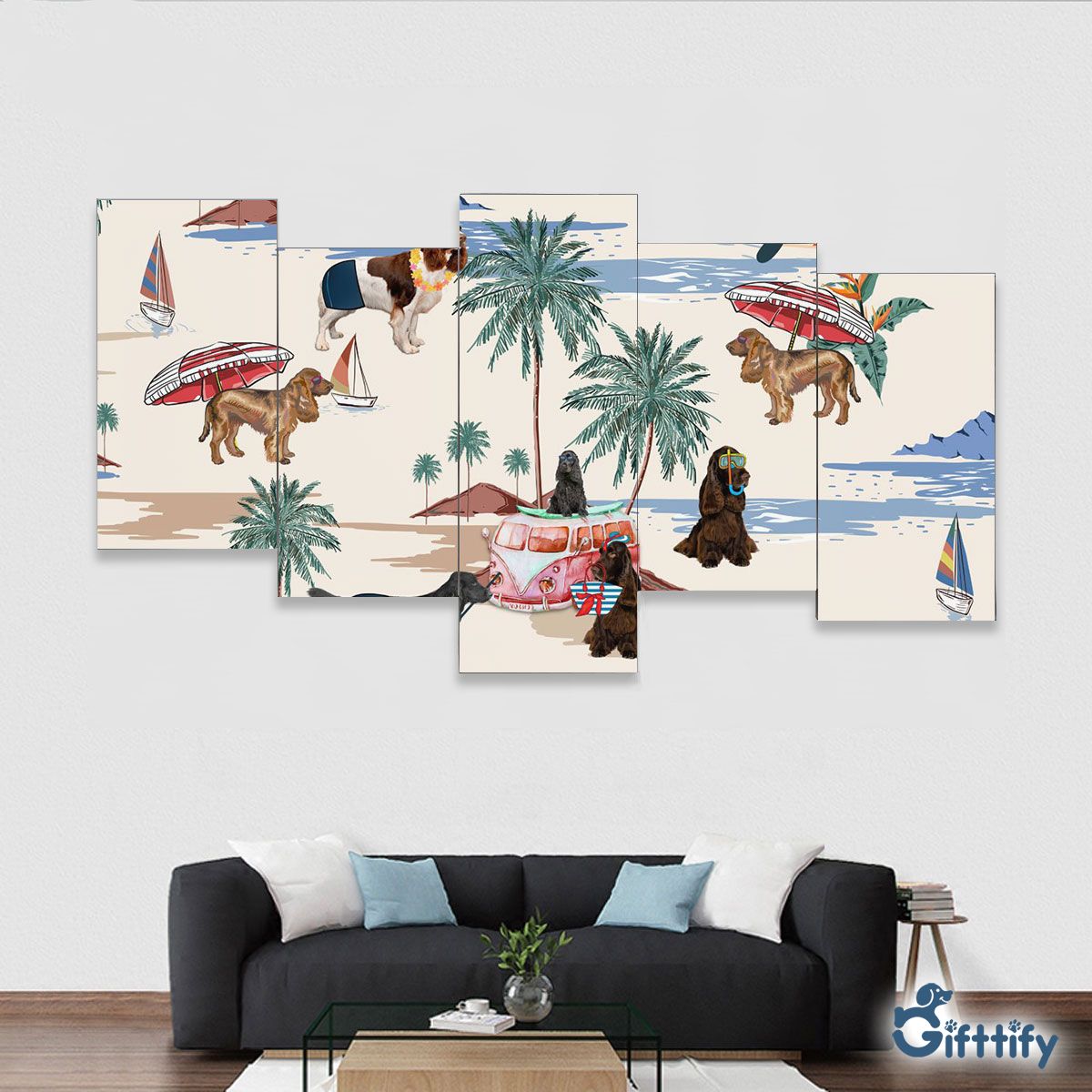 French Spaniel Framed Five-Piece Mural - Dog Beach, Boating, Relaxing, Sunbathing, Snorkeling, Summer Beach Vacation Framed Five-Piece Mural