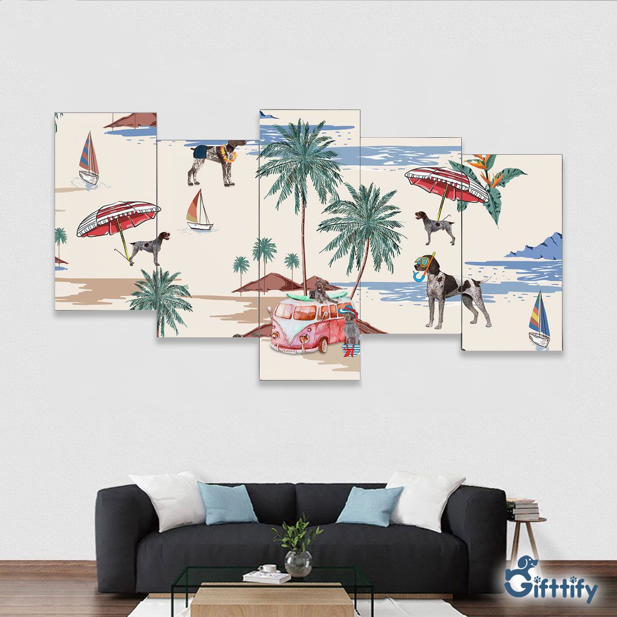 German Wirehaired Pointer Framed Five-Piece Mural - Dog Beach, Boating, Relaxing, Sunbathing, Snorkeling, Summer Beach Vacation Framed Five-Piece Mural