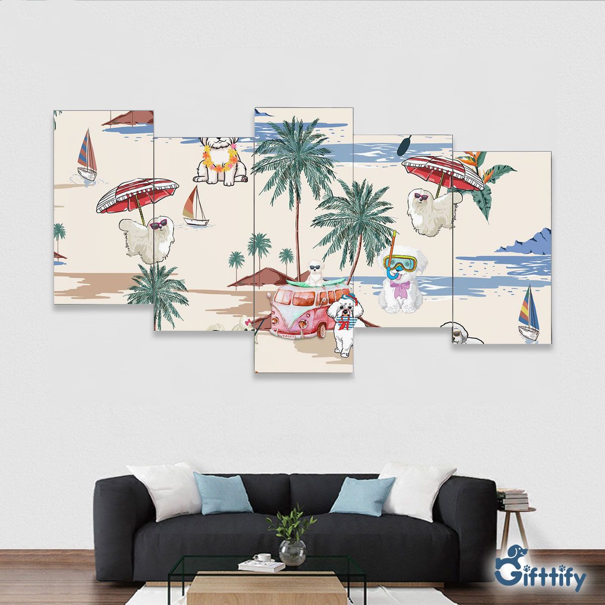 Maltese Framed Five-Piece Mural - Dog Beach, Boating, Relaxing, Sunbathing, Snorkeling, Summer Beach Vacation Framed Five-Piece Mural