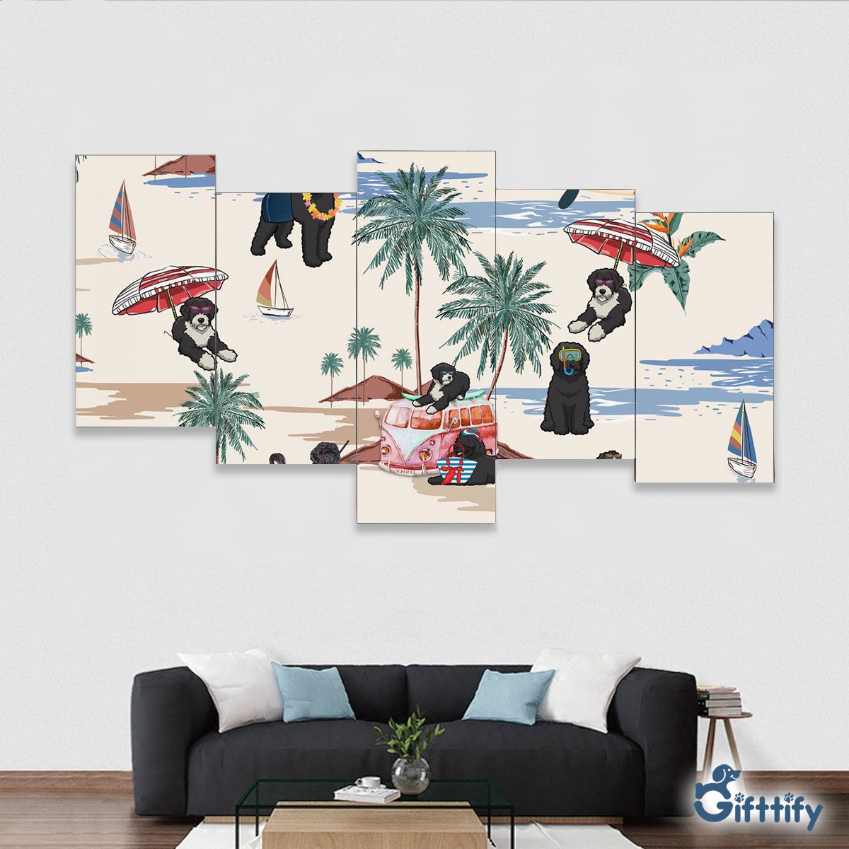 Portuguese Water Dog Framed Five-Piece Mural - Dog Beach, Boating, Relaxing, Sunbathing, Snorkeling, Summer Beach Vacation Framed Five-Piece Mural