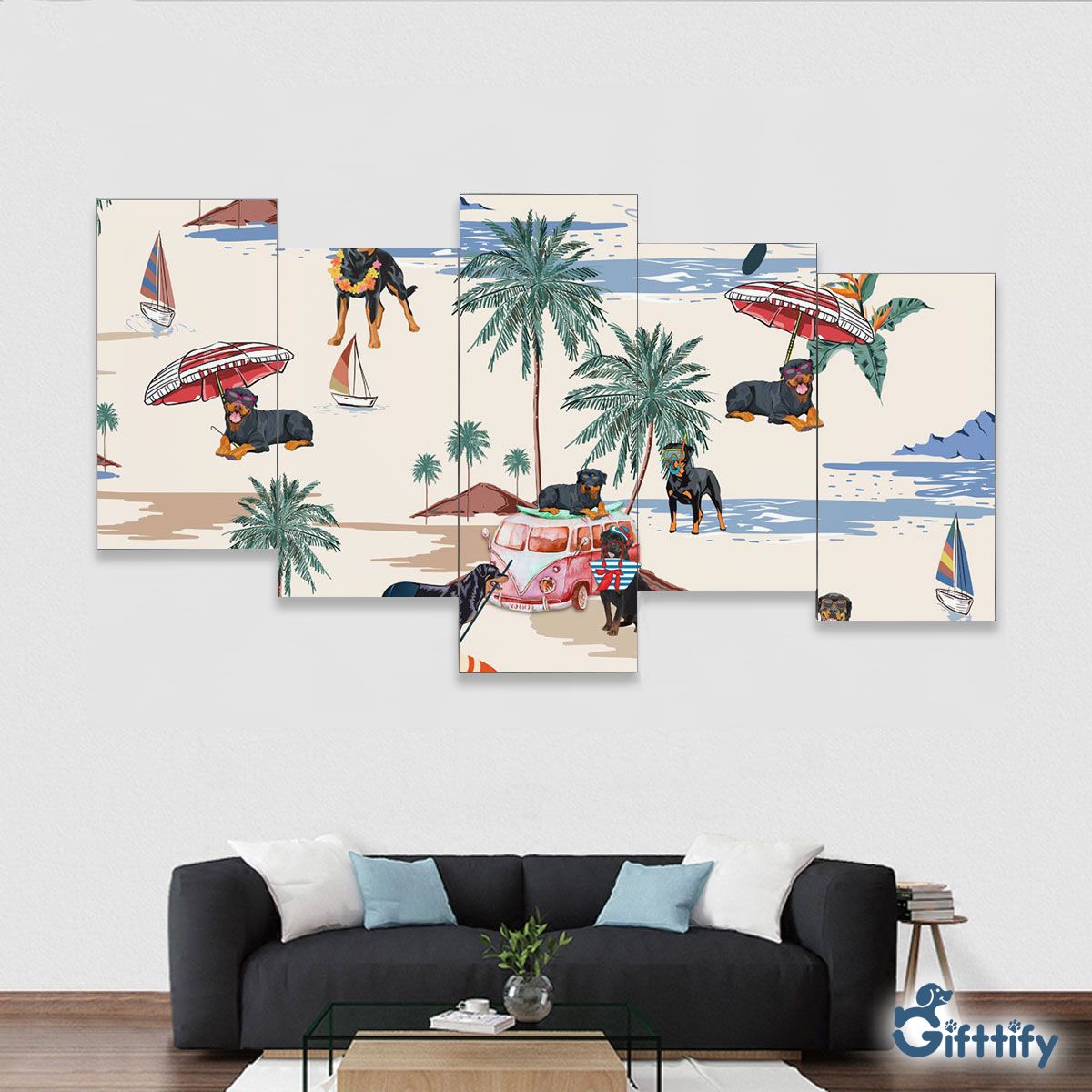 ROTTWEILER Framed Five-Piece Mural - Dog Beach, Boating, Relaxing, Sunbathing, Snorkeling, Summer Beach Vacation Framed Five-Piece Mural