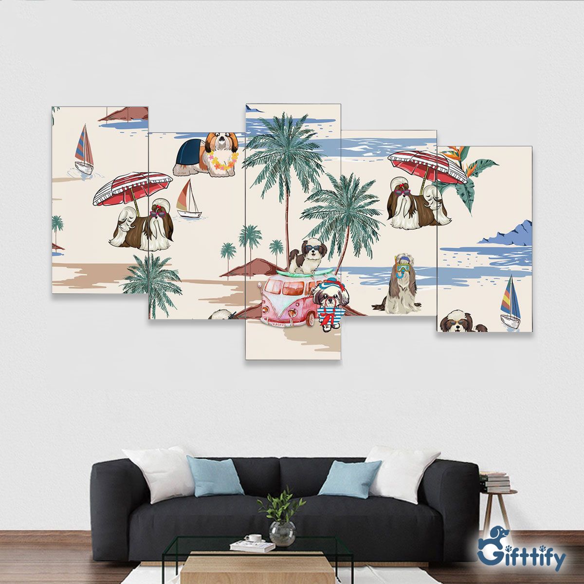 Shih Tzu Framed Five-Piece Mural - Dog Beach, Boating, Relaxing, Sunbathing, Snorkeling, Summer Beach Vacation Framed Five-Piece Mural