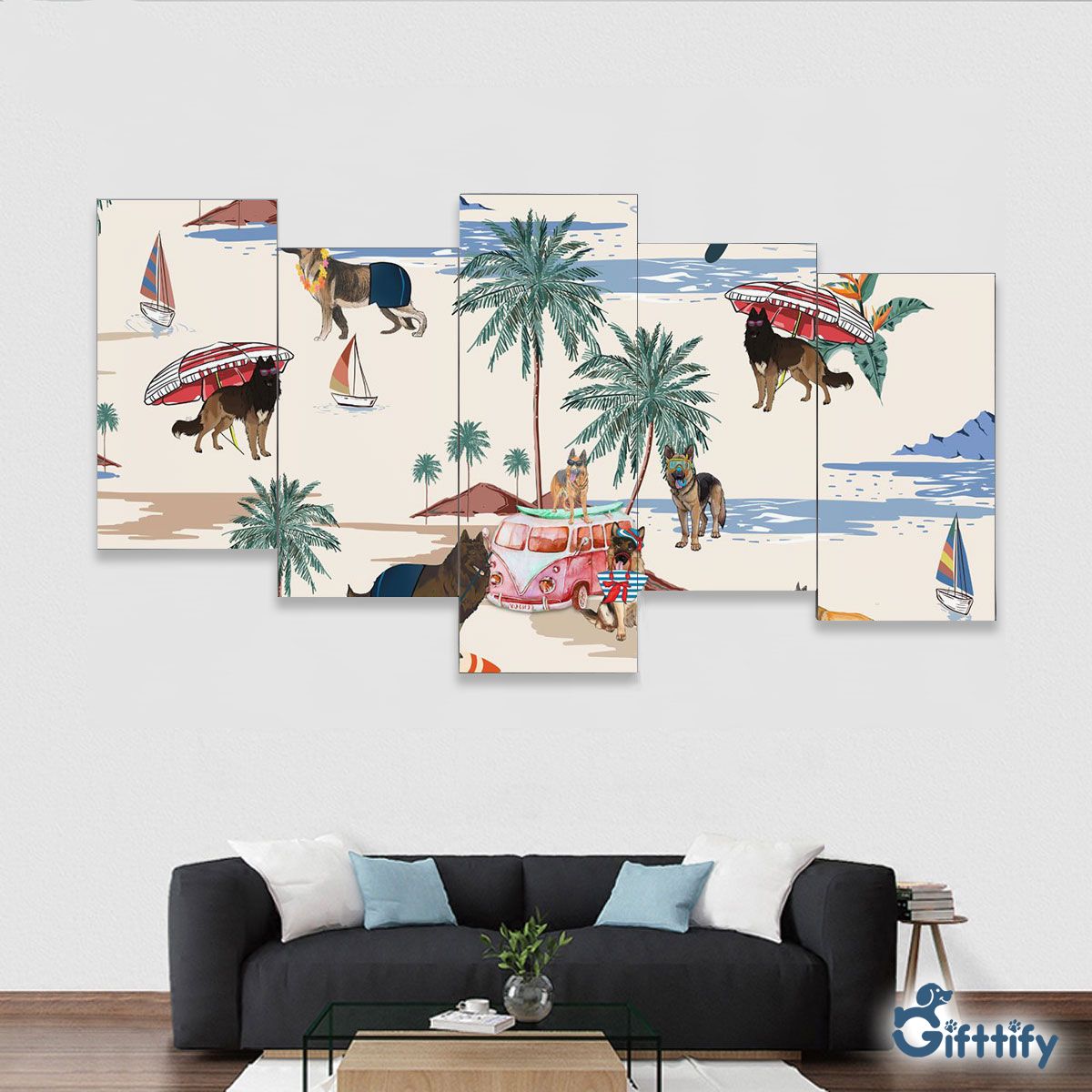 Tervuren Framed Five-Piece Mural - Dog Beach, Boating, Relaxing, Sunbathing, Snorkeling, Summer Beach Vacation Framed Five-Piece Mural