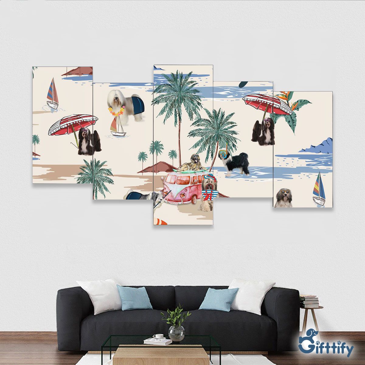 TibetanTerrier Framed Five-Piece Mural - Dog Beach, Boating, Relaxing, Sunbathing, Snorkeling, Summer Beach Vacation Framed Five-Piece Mural