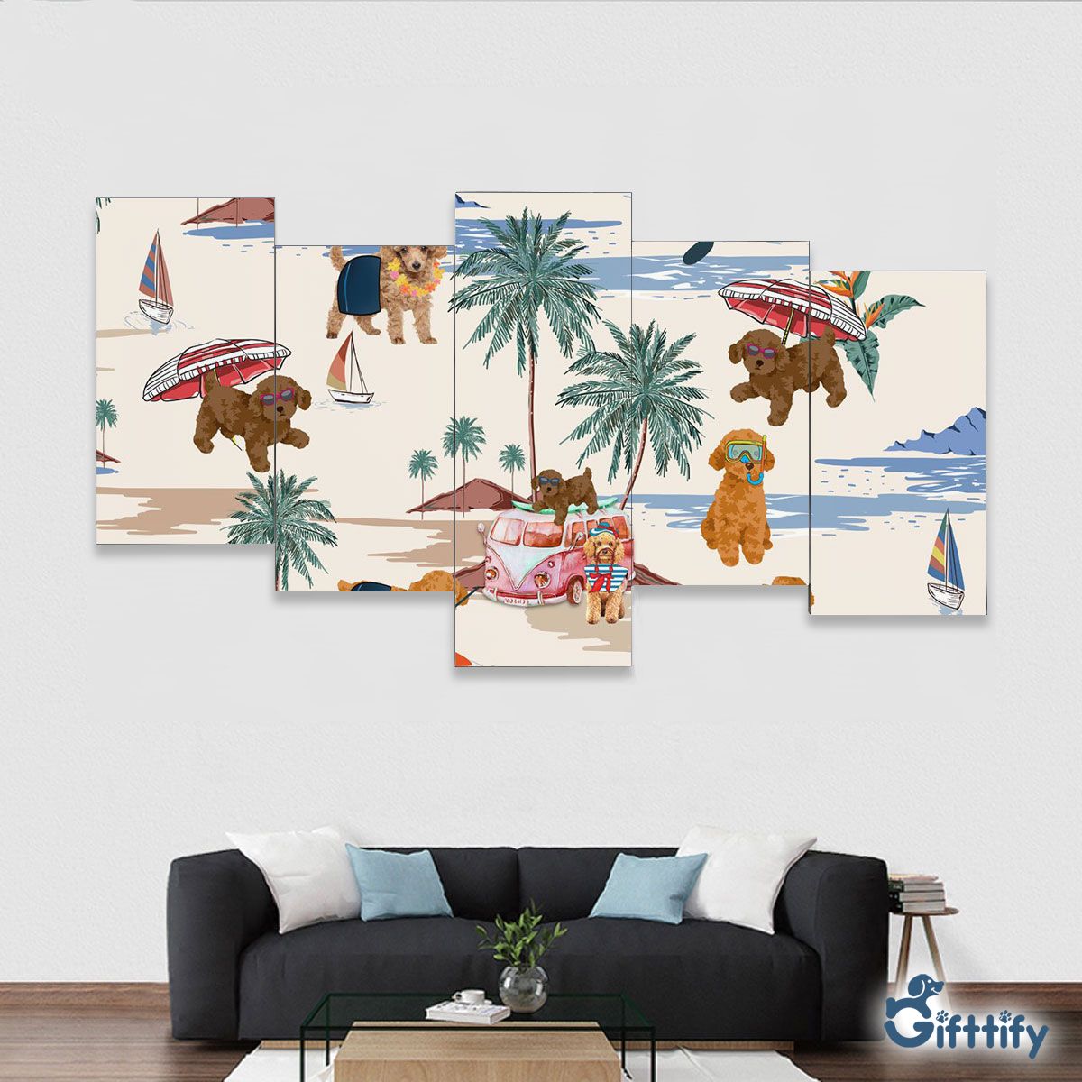 Toy Poodle Framed Five-Piece Mural - Dog Beach, Boating, Relaxing, Sunbathing, Snorkeling, Summer Beach Vacation Framed Five-Piece Mural