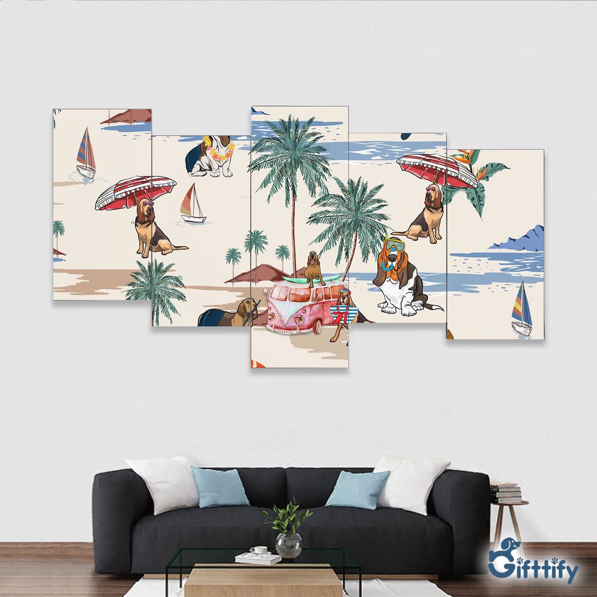 bloodhound Framed Five-Piece Mural - Dog Beach, Boating, Relaxing, Sunbathing, Snorkeling, Summer Beach Vacation Framed Five-Piece Mural