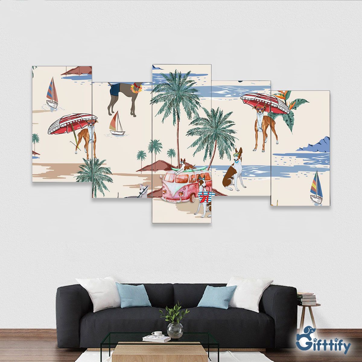 italian greyhound Framed Five-Piece Mural - Dog Beach, Boating, Relaxing, Sunbathing, Snorkeling, Summer Beach Vacation Framed Five-Piece Mural