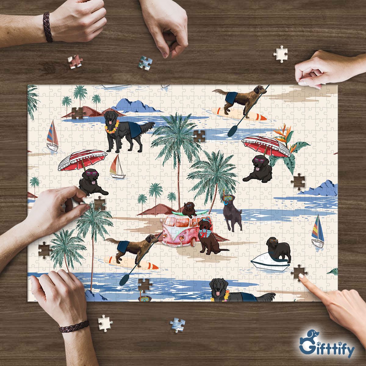 Flat Coated Retriever Puzzle - Dog Beach, Boating, Relaxing, Sunbathing, Snorkeling, Summer Beach Vacation Puzzle