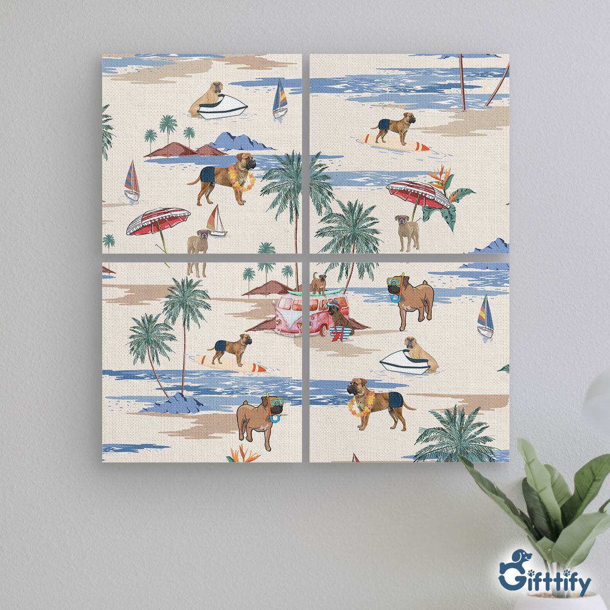 Boerboel Mural With Frame - Dog Beach, Boating, Relaxing, Sunbathing, Snorkeling, Summer Beach Vacation Mural With Frame