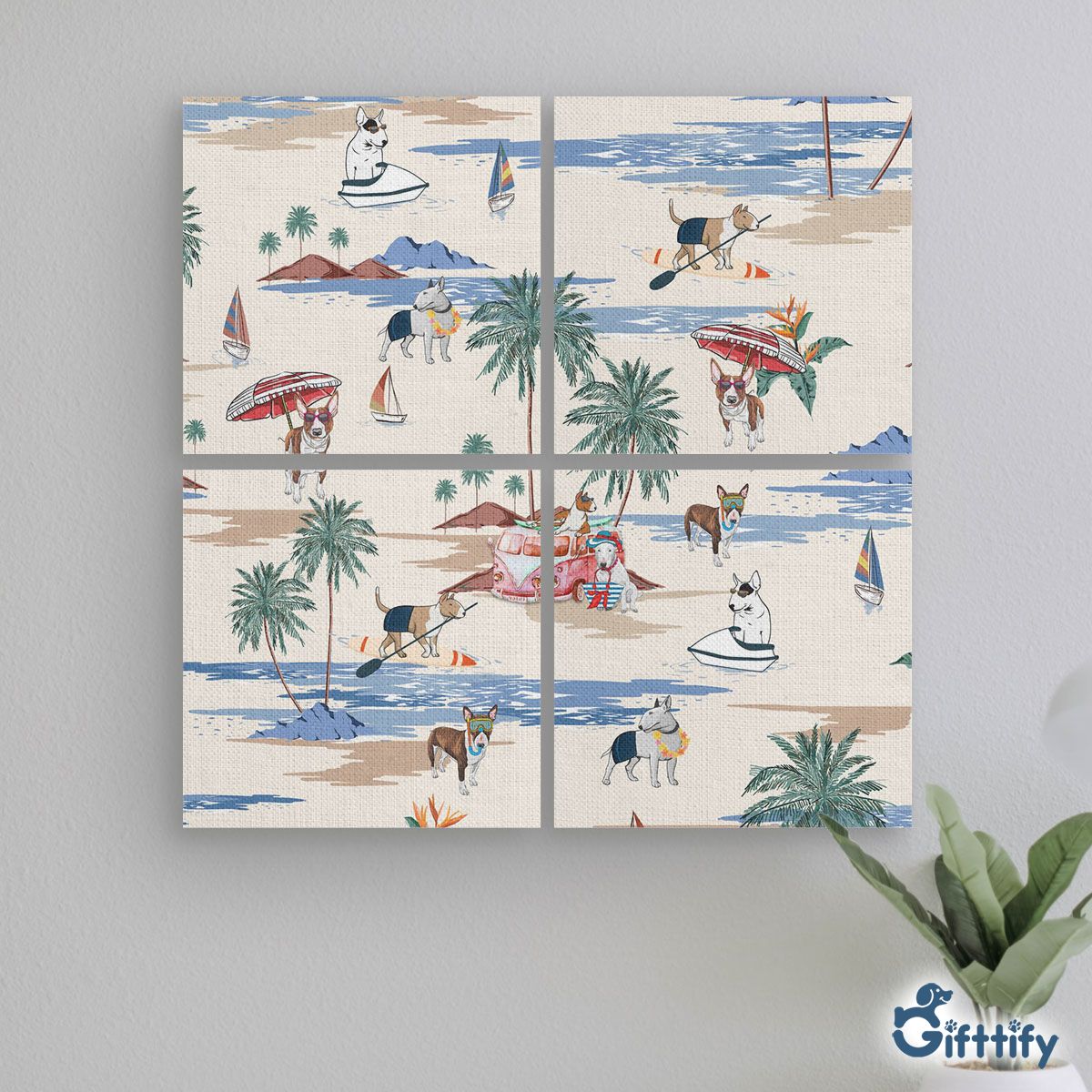 Bull Terrier Mural With Frame - Dog Beach, Boating, Relaxing, Sunbathing, Snorkeling, Summer Beach Vacation Mural With Frame