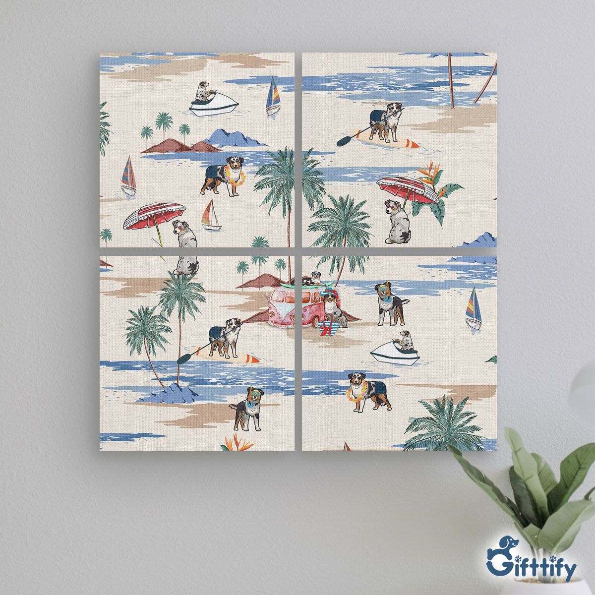 English Shepherd Mural With Frame - Dog Beach, Boating, Relaxing, Sunbathing, Snorkeling, Summer Beach Vacation Mural With Frame