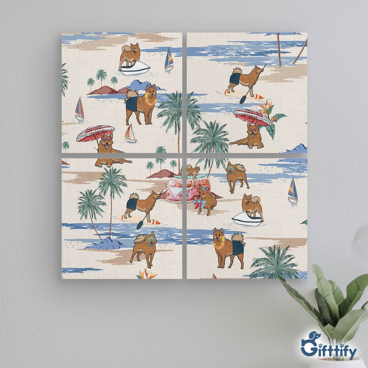 Finnish Spitz Mural With Frame - Dog Beach, Boating, Relaxing, Sunbathing, Snorkeling, Summer Beach Vacation Mural With Frame