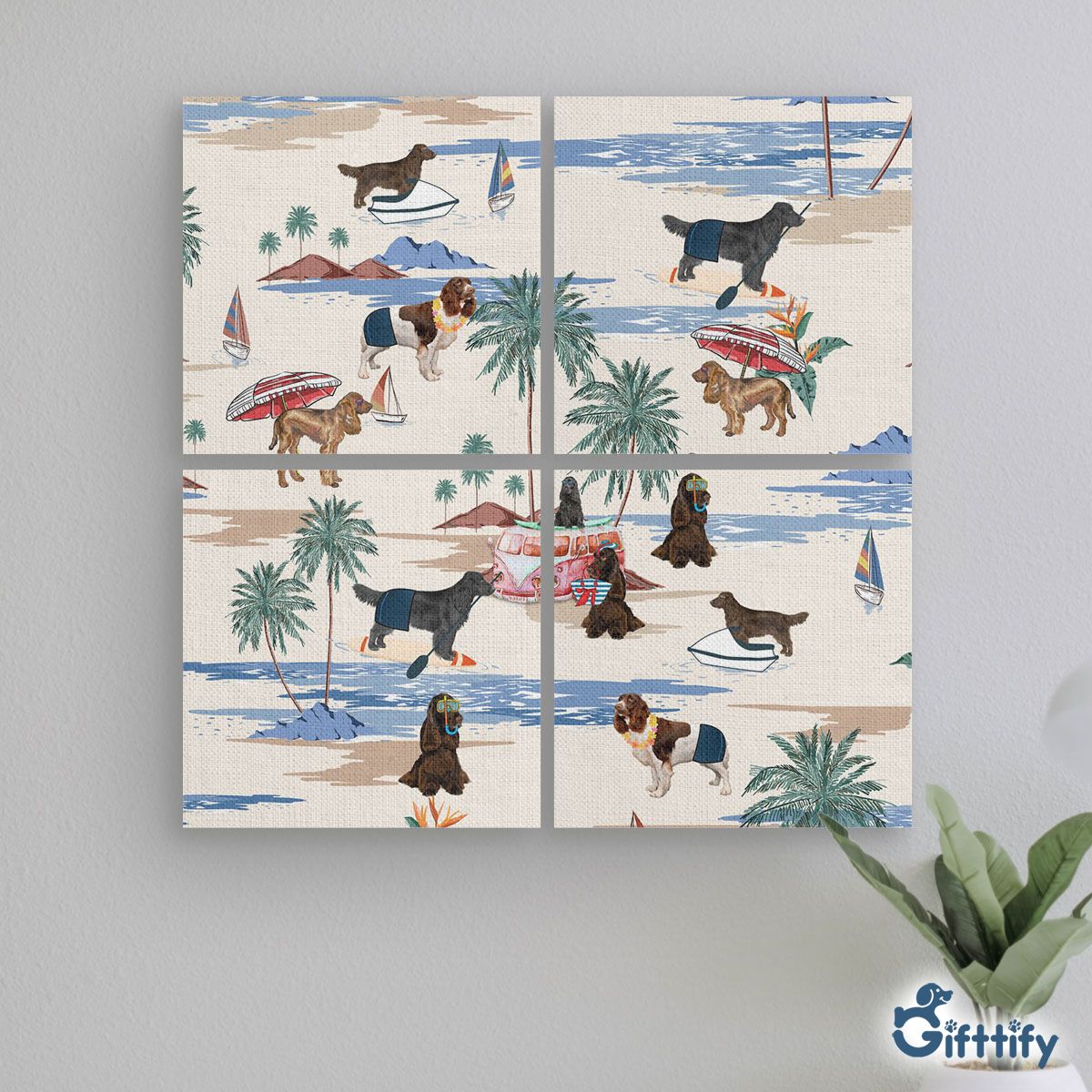 French Spaniel Mural With Frame - Dog Beach, Boating, Relaxing, Sunbathing, Snorkeling, Summer Beach Vacation Mural With Frame