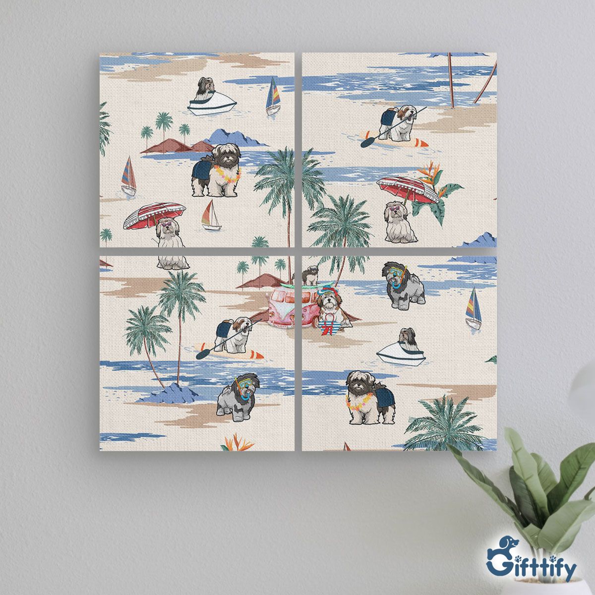 LHASA APSO Mural With Frame - Dog Beach, Boating, Relaxing, Sunbathing, Snorkeling, Summer Beach Vacation Mural With Frame