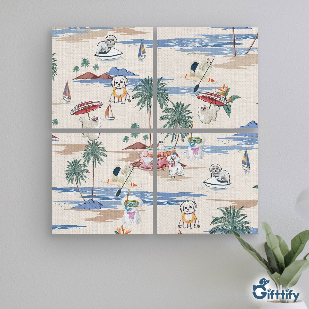 Maltese Mural With Frame - Dog Beach, Boating, Relaxing, Sunbathing, Snorkeling, Summer Beach Vacation Mural With Frame