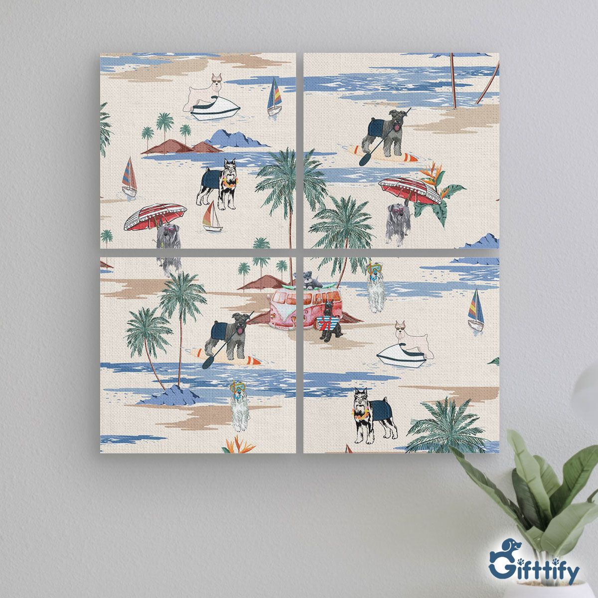 Miniature Schnauzer Mural With Frame - Dog Beach, Boating, Relaxing, Sunbathing, Snorkeling, Summer Beach Vacation Mural With Frame