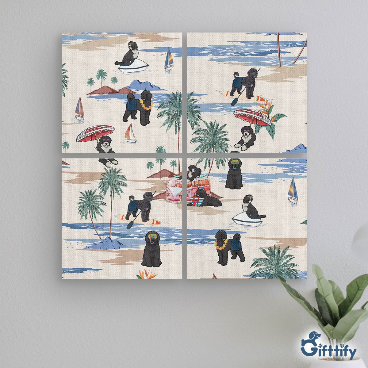 Portuguese Water Dog Mural With Frame - Dog Beach, Boating, Relaxing, Sunbathing, Snorkeling, Summer Beach Vacation Mural With Frame