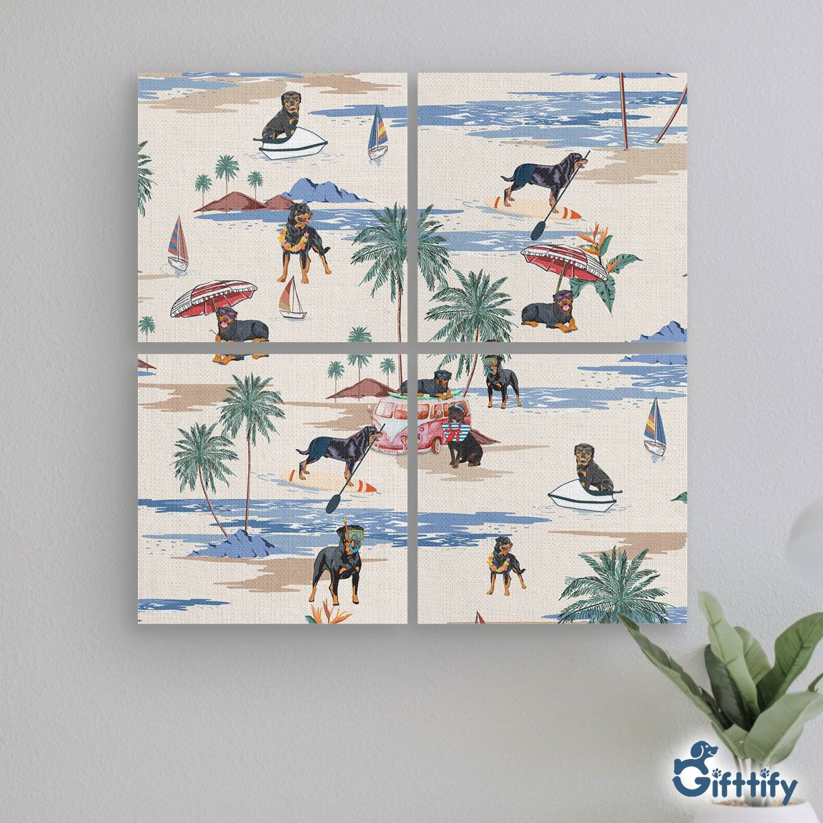 ROTTWEILER Mural With Frame - Dog Beach, Boating, Relaxing, Sunbathing, Snorkeling, Summer Beach Vacation Mural With Frame