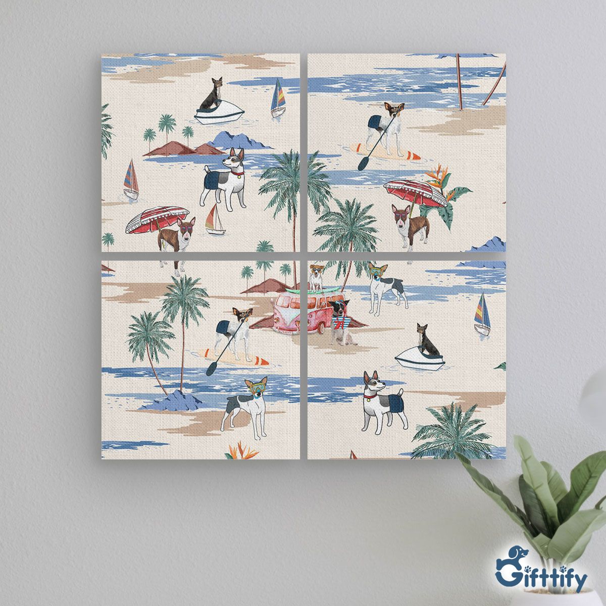 Rat Terrier Mural With Frame - Dog Beach, Boating, Relaxing, Sunbathing, Snorkeling, Summer Beach Vacation Mural With Frame