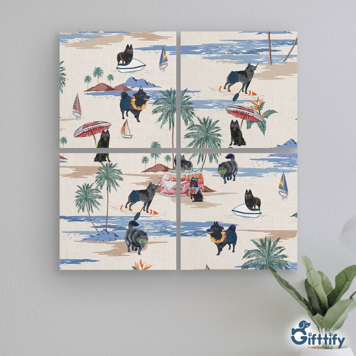 Schipperke Mural With Frame - Dog Beach, Boating, Relaxing, Sunbathing, Snorkeling, Summer Beach Vacation Mural With Frame