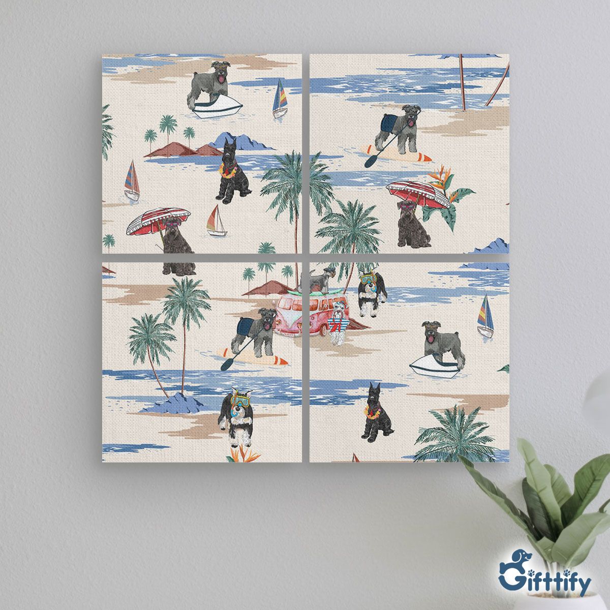 Schnauzer Mural With Frame - Dog Beach, Boating, Relaxing, Sunbathing, Snorkeling, Summer Beach Vacation Mural With Frame