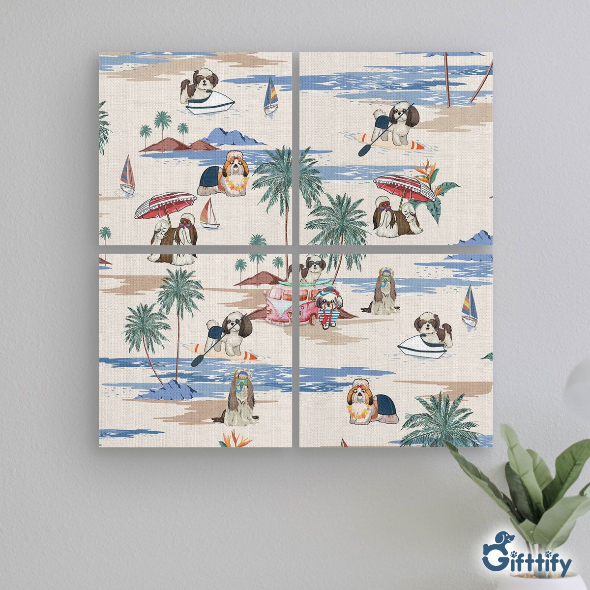 Shih Tzu Mural With Frame - Dog Beach, Boating, Relaxing, Sunbathing, Snorkeling, Summer Beach Vacation Mural With Frame