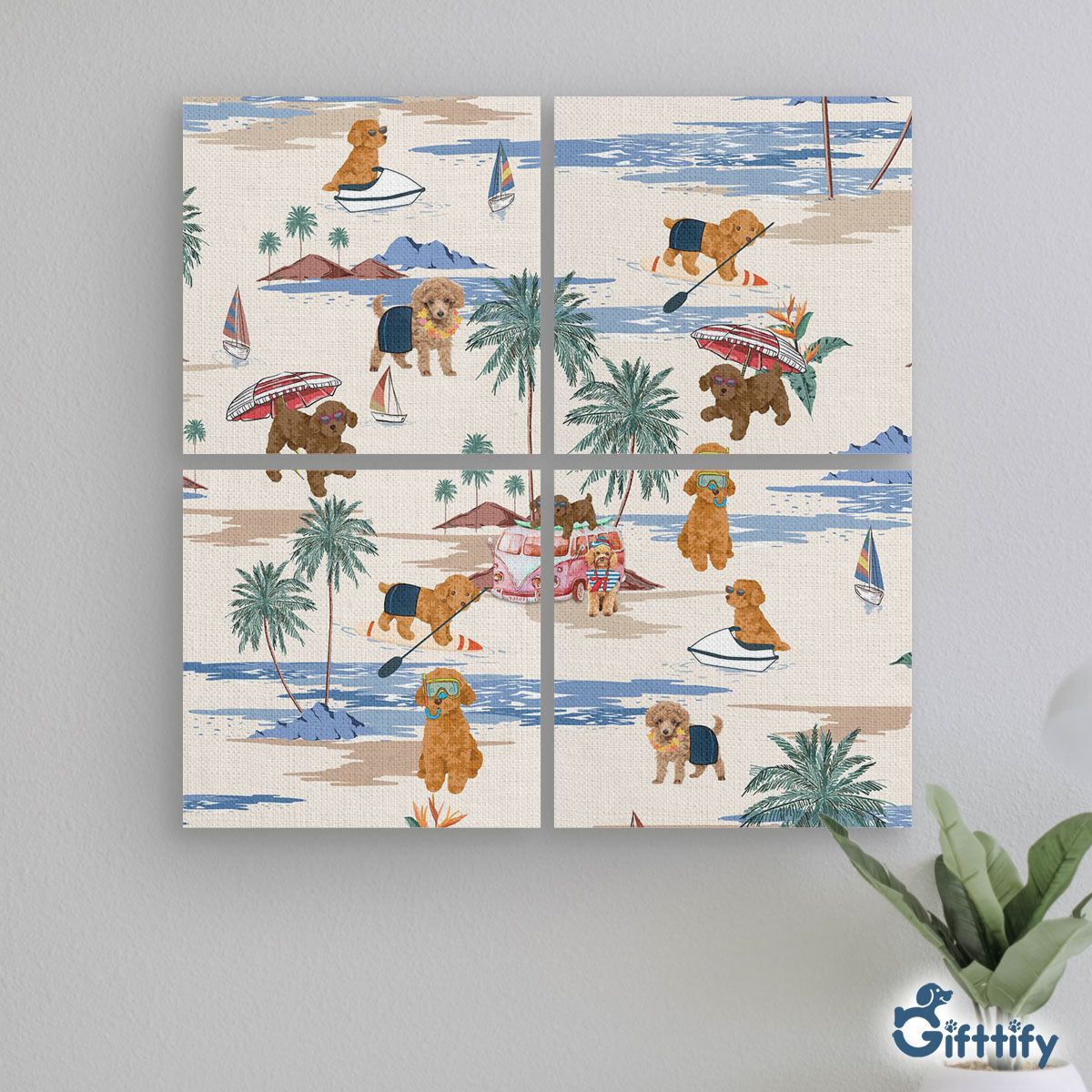 Toy Poodle Mural With Frame - Dog Beach, Boating, Relaxing, Sunbathing, Snorkeling, Summer Beach Vacation Mural With Frame