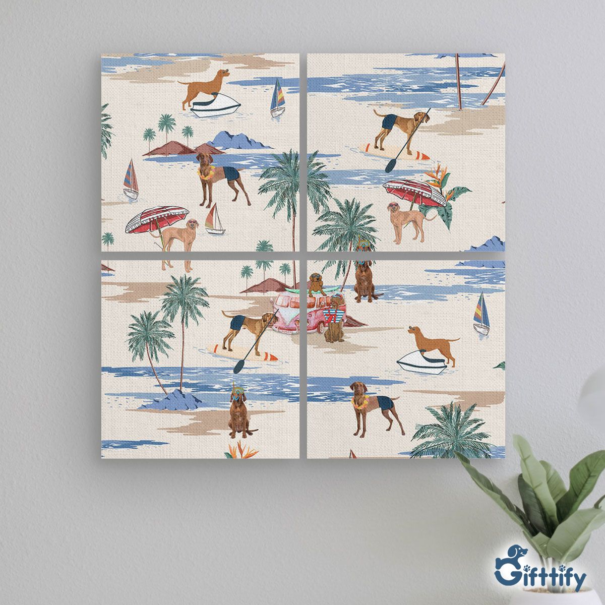 Vizsla Mural With Frame - Dog Beach, Boating, Relaxing, Sunbathing, Snorkeling, Summer Beach Vacation Mural With Frame