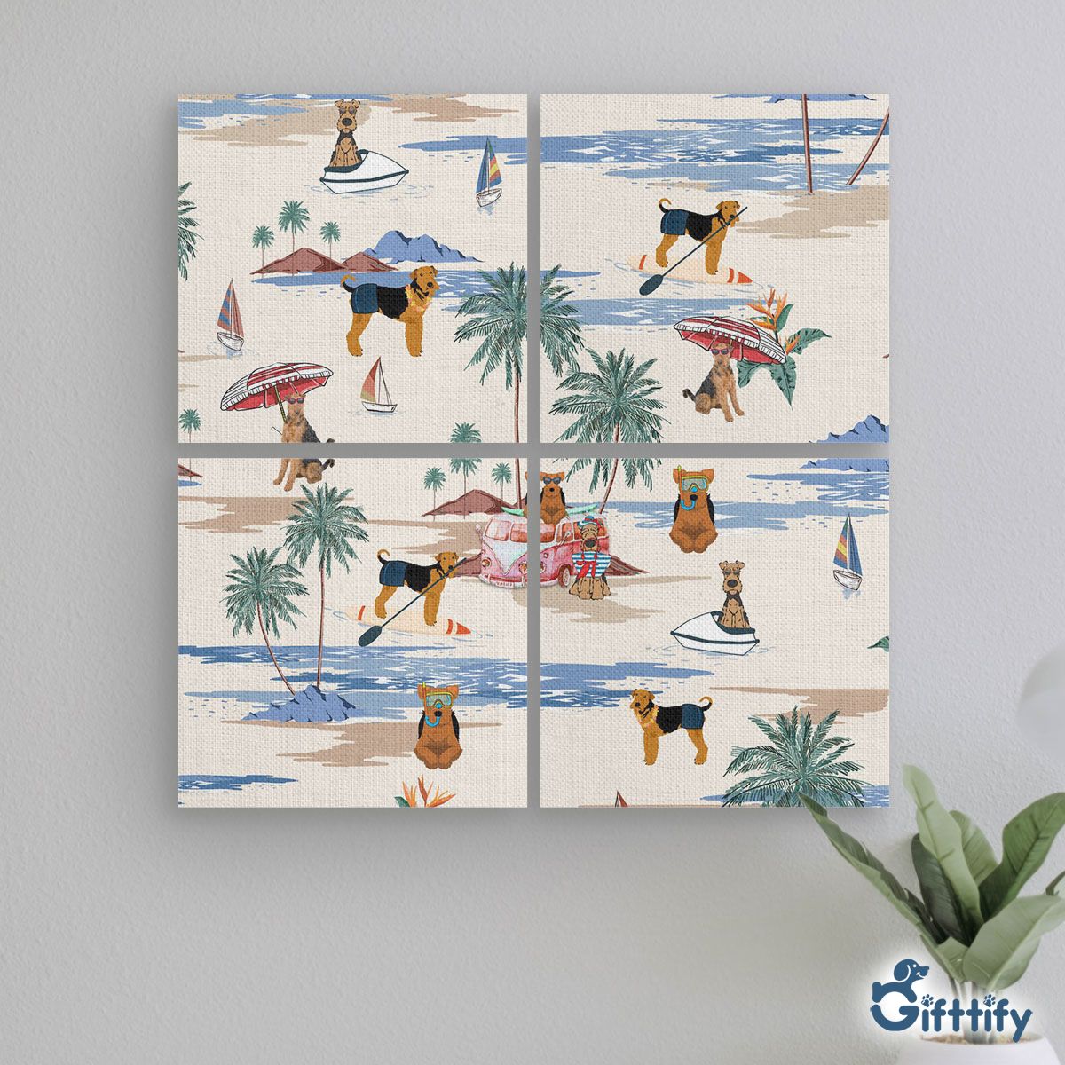 Welsh Terrier Mural With Frame - Dog Beach, Boating, Relaxing, Sunbathing, Snorkeling, Summer Beach Vacation Mural With Frame