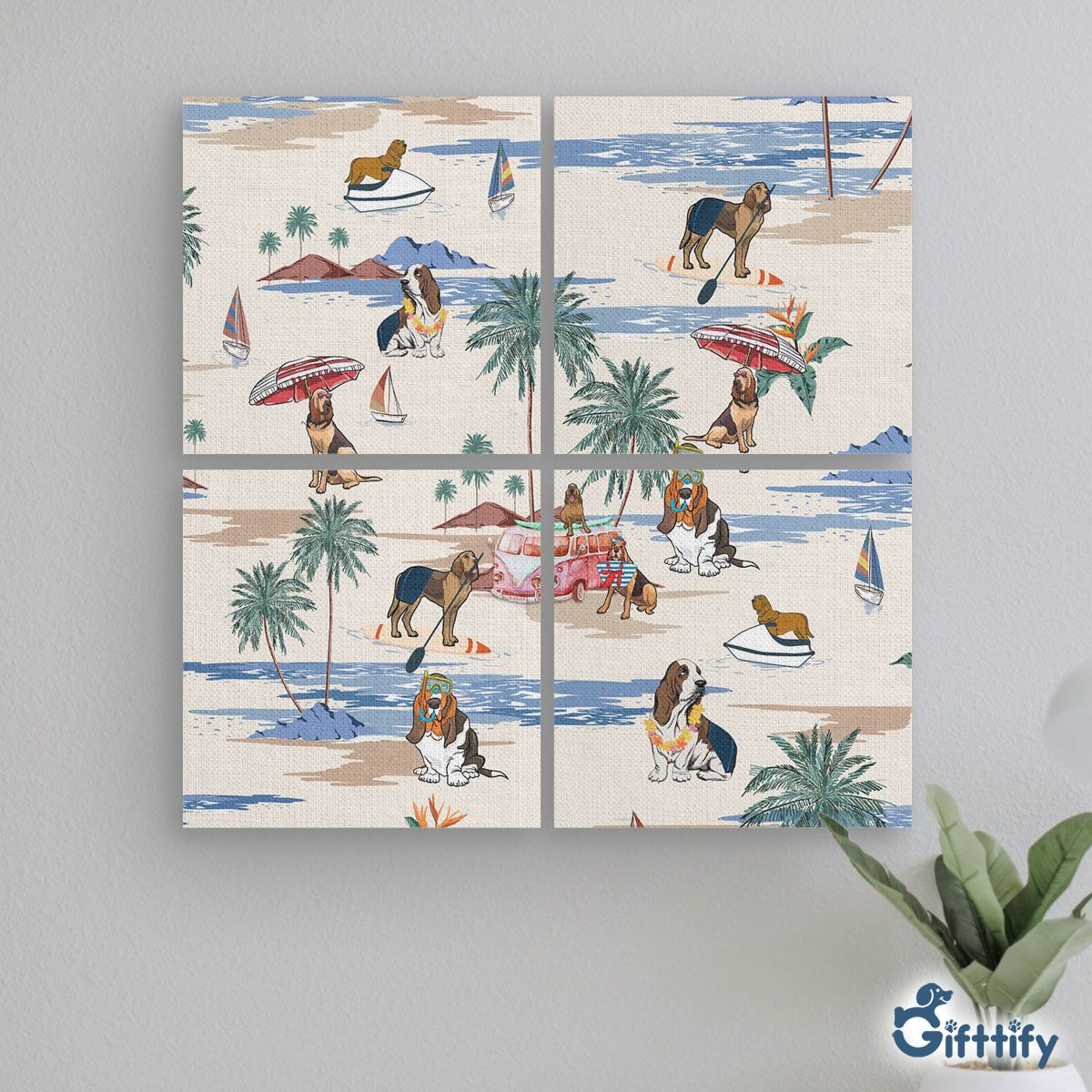 bloodhound Mural With Frame - Dog Beach, Boating, Relaxing, Sunbathing, Snorkeling, Summer Beach Vacation Mural With Frame