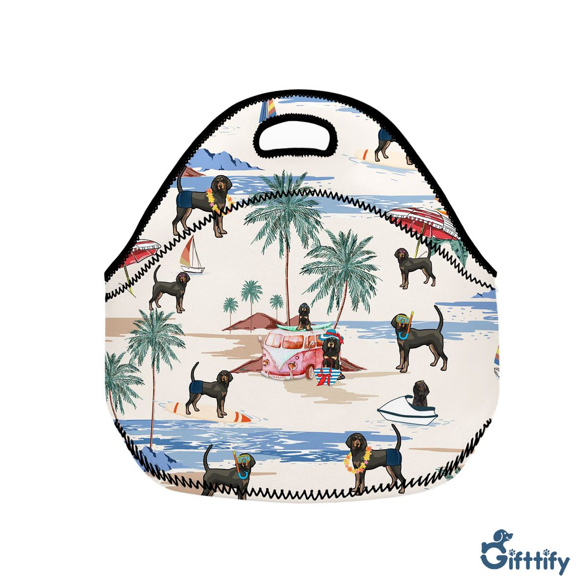 Black and Tan Coonhound Neoprene Lunch Bags - Dog Beach, Boating, Relaxing, Sunbathing, Snorkeling, Summer Beach Vacation Neoprene Lunch Bags