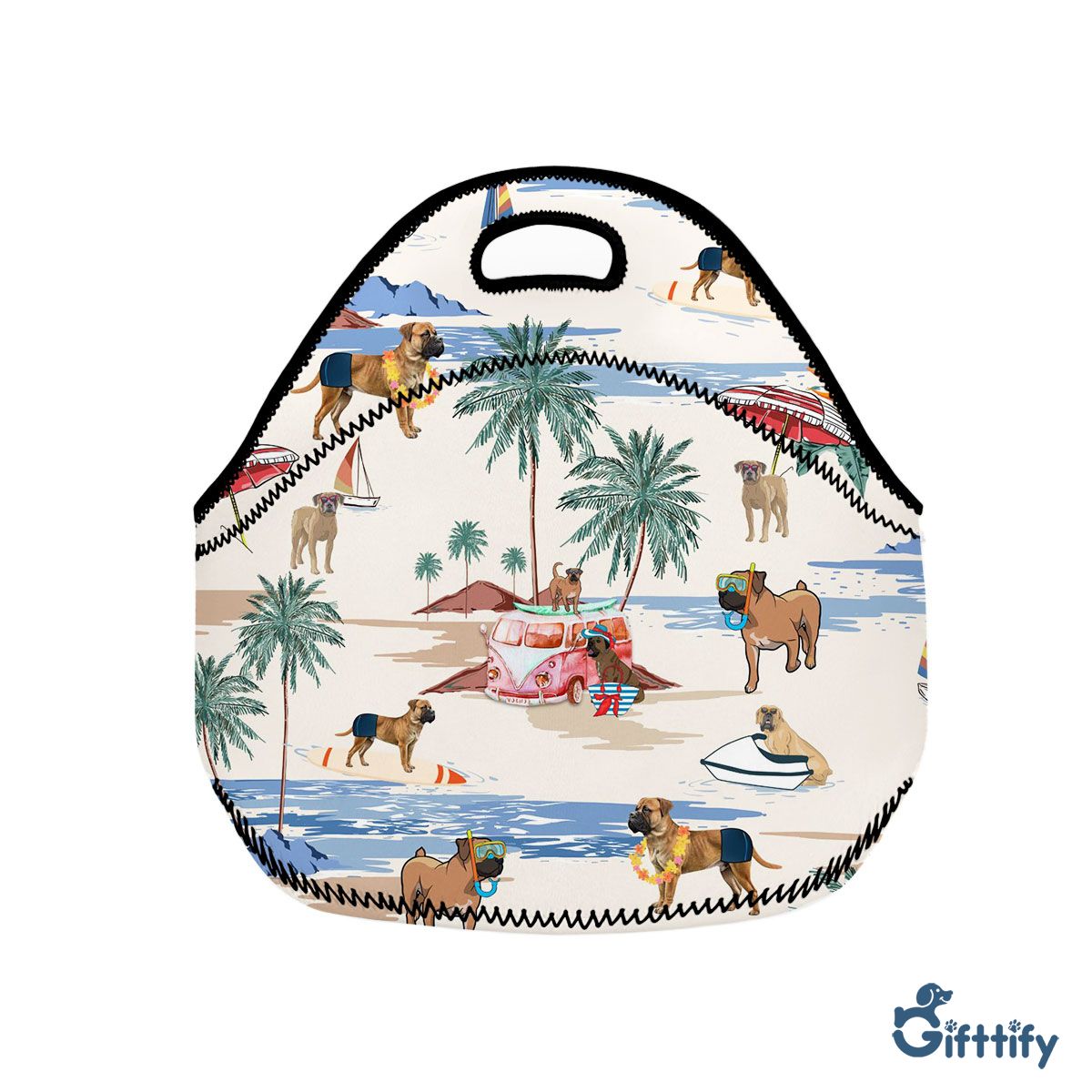 Boerboel Neoprene Lunch Bags - Dog Beach, Boating, Relaxing, Sunbathing, Snorkeling, Summer Beach Vacation Neoprene Lunch Bags