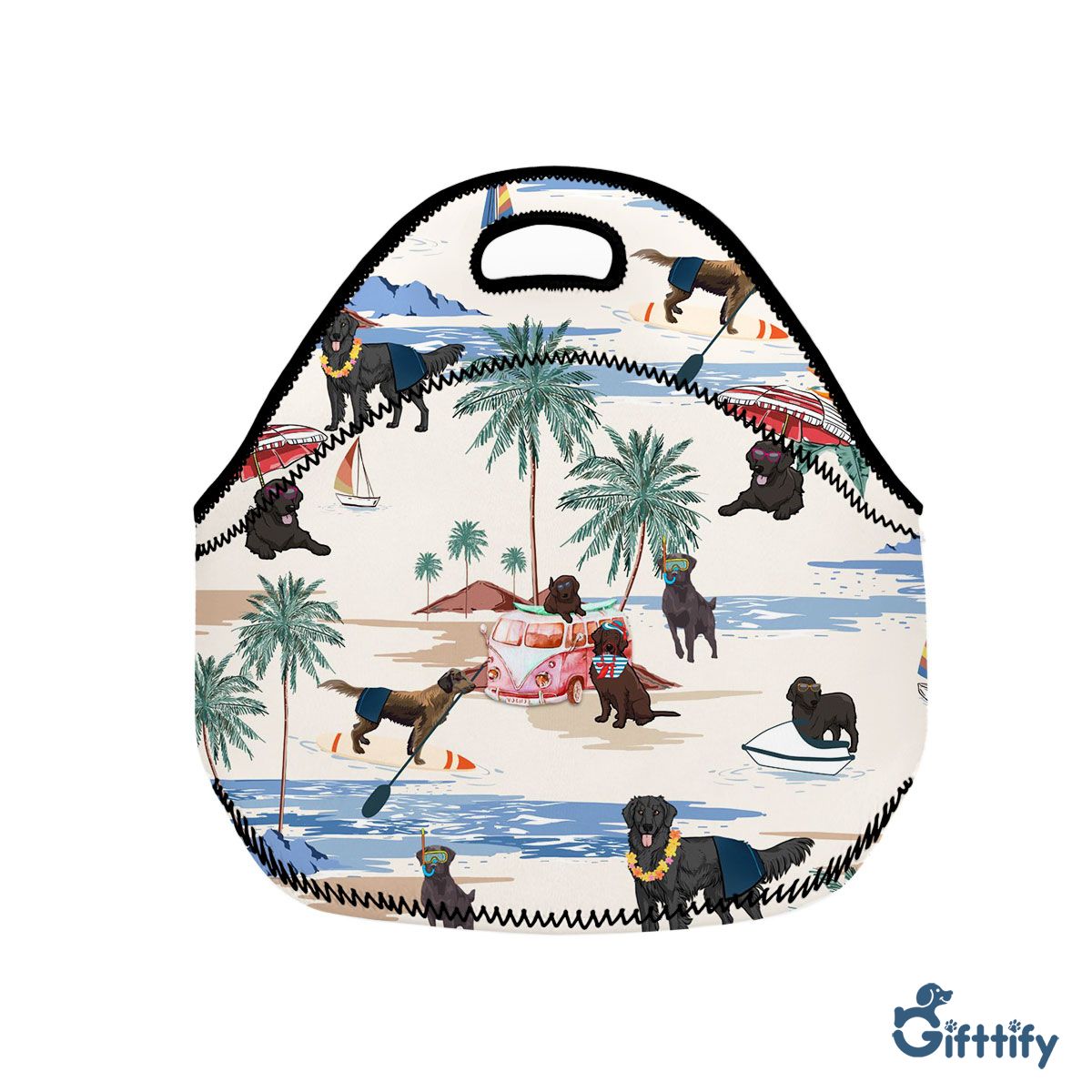 Flat Coated Retriever Neoprene Lunch Bags - Dog Beach, Boating, Relaxing, Sunbathing, Snorkeling, Summer Beach Vacation Neoprene Lunch Bags