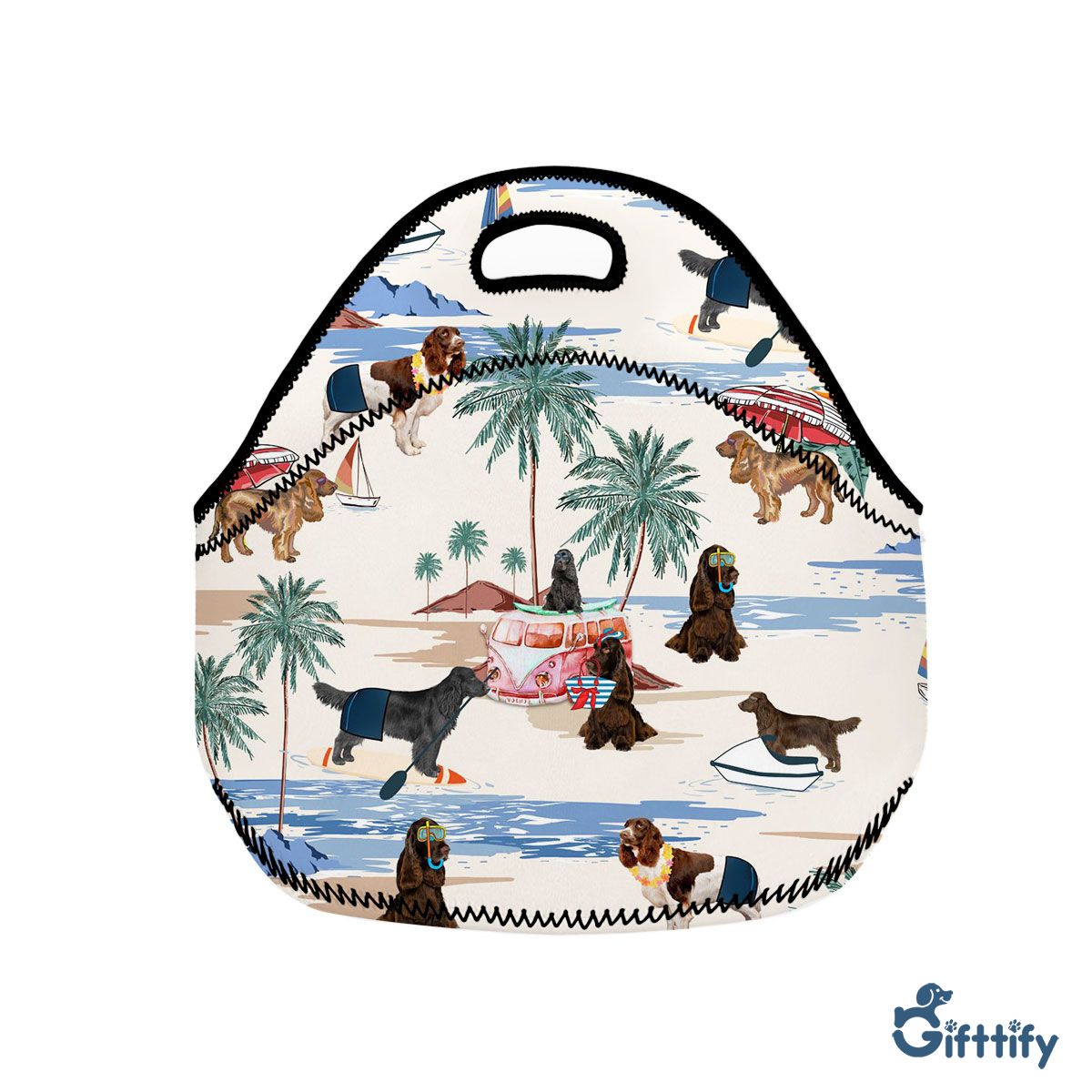 French Spaniel Neoprene Lunch Bags - Dog Beach, Boating, Relaxing, Sunbathing, Snorkeling, Summer Beach Vacation Neoprene Lunch Bags