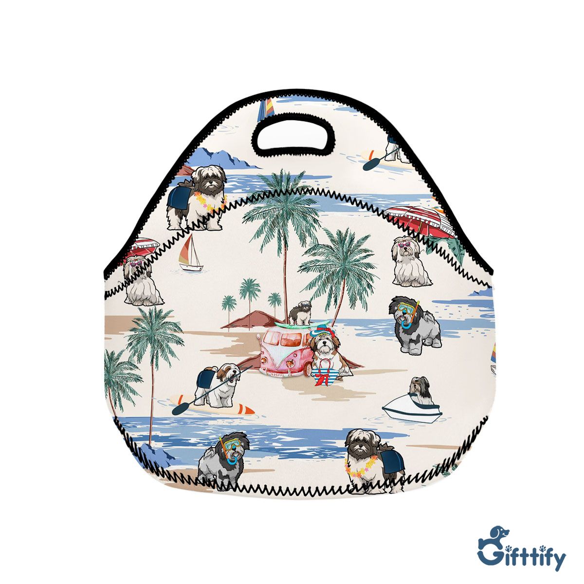 LHASA APSO Neoprene Lunch Bags - Dog Beach, Boating, Relaxing, Sunbathing, Snorkeling, Summer Beach Vacation Neoprene Lunch Bags