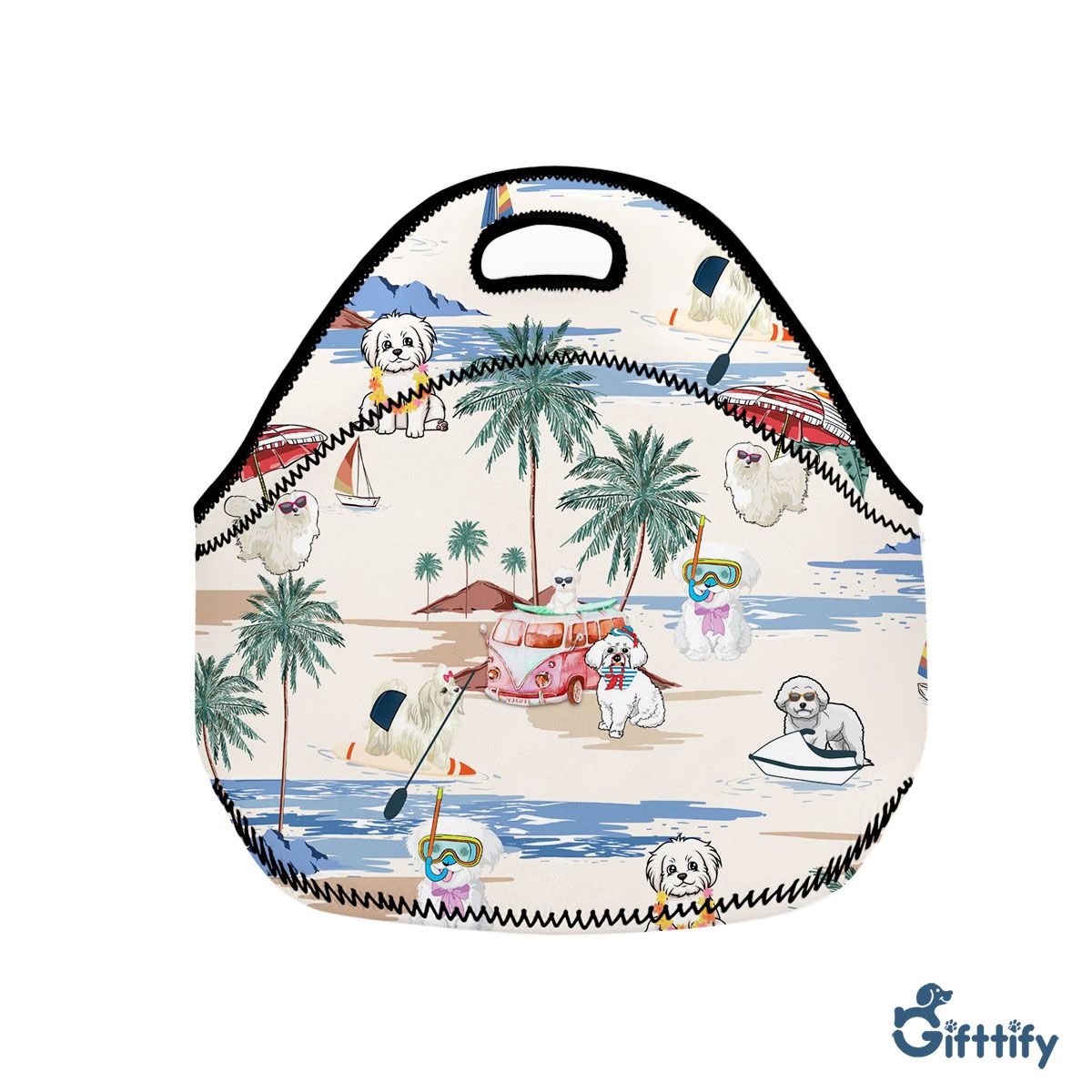 Maltese Neoprene Lunch Bags - Dog Beach, Boating, Relaxing, Sunbathing, Snorkeling, Summer Beach Vacation Neoprene Lunch Bags