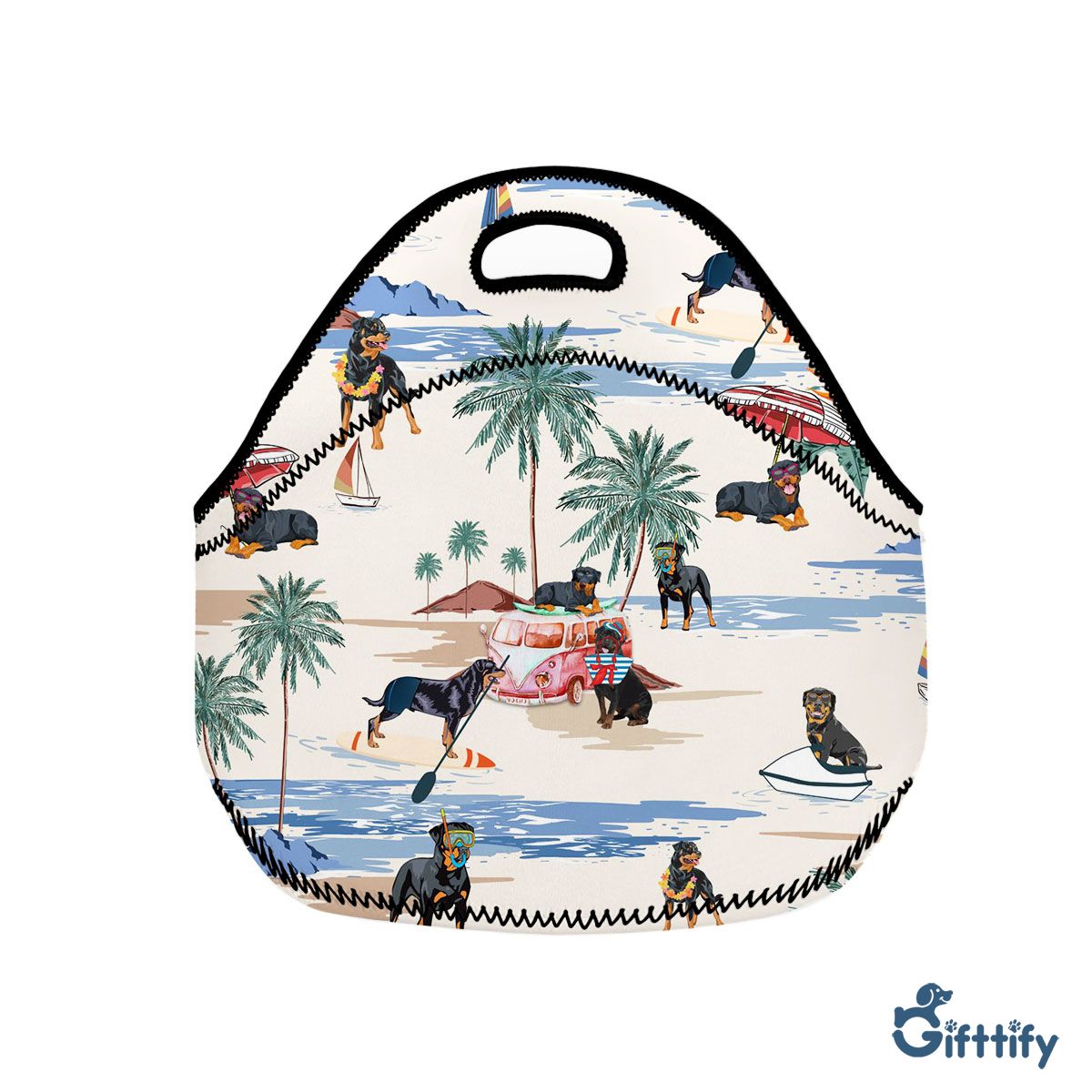 ROTTWEILER Neoprene Lunch Bags - Dog Beach, Boating, Relaxing, Sunbathing, Snorkeling, Summer Beach Vacation Neoprene Lunch Bags