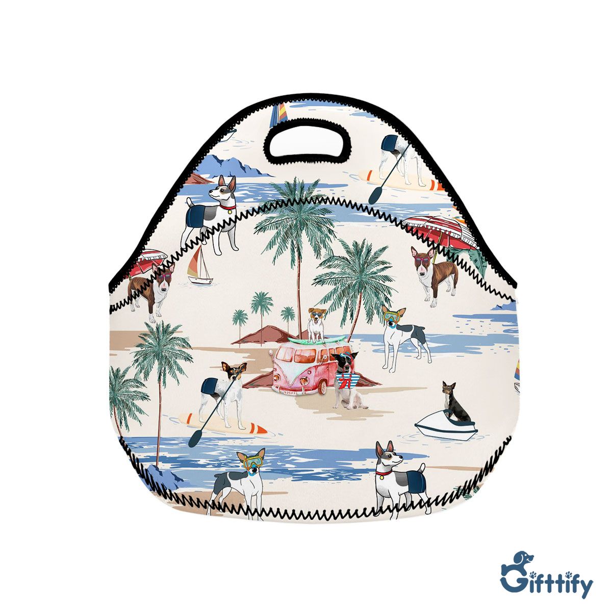 Rat Terrier Neoprene Lunch Bags - Dog Beach, Boating, Relaxing, Sunbathing, Snorkeling, Summer Beach Vacation Neoprene Lunch Bags