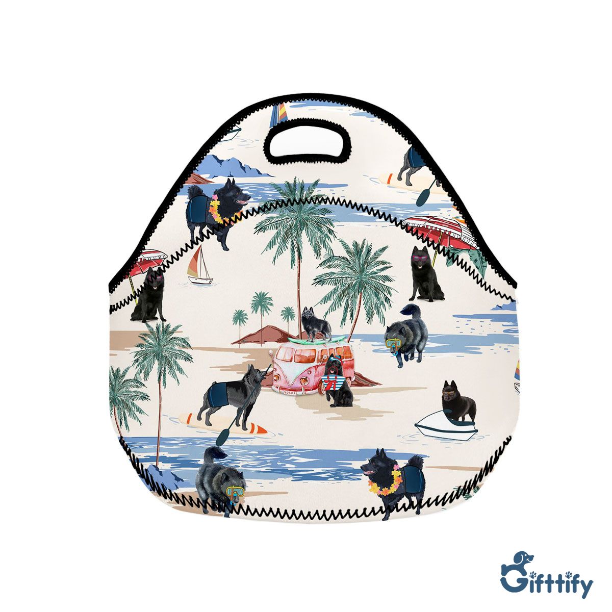 Schipperke Neoprene Lunch Bags - Dog Beach, Boating, Relaxing, Sunbathing, Snorkeling, Summer Beach Vacation Neoprene Lunch Bags