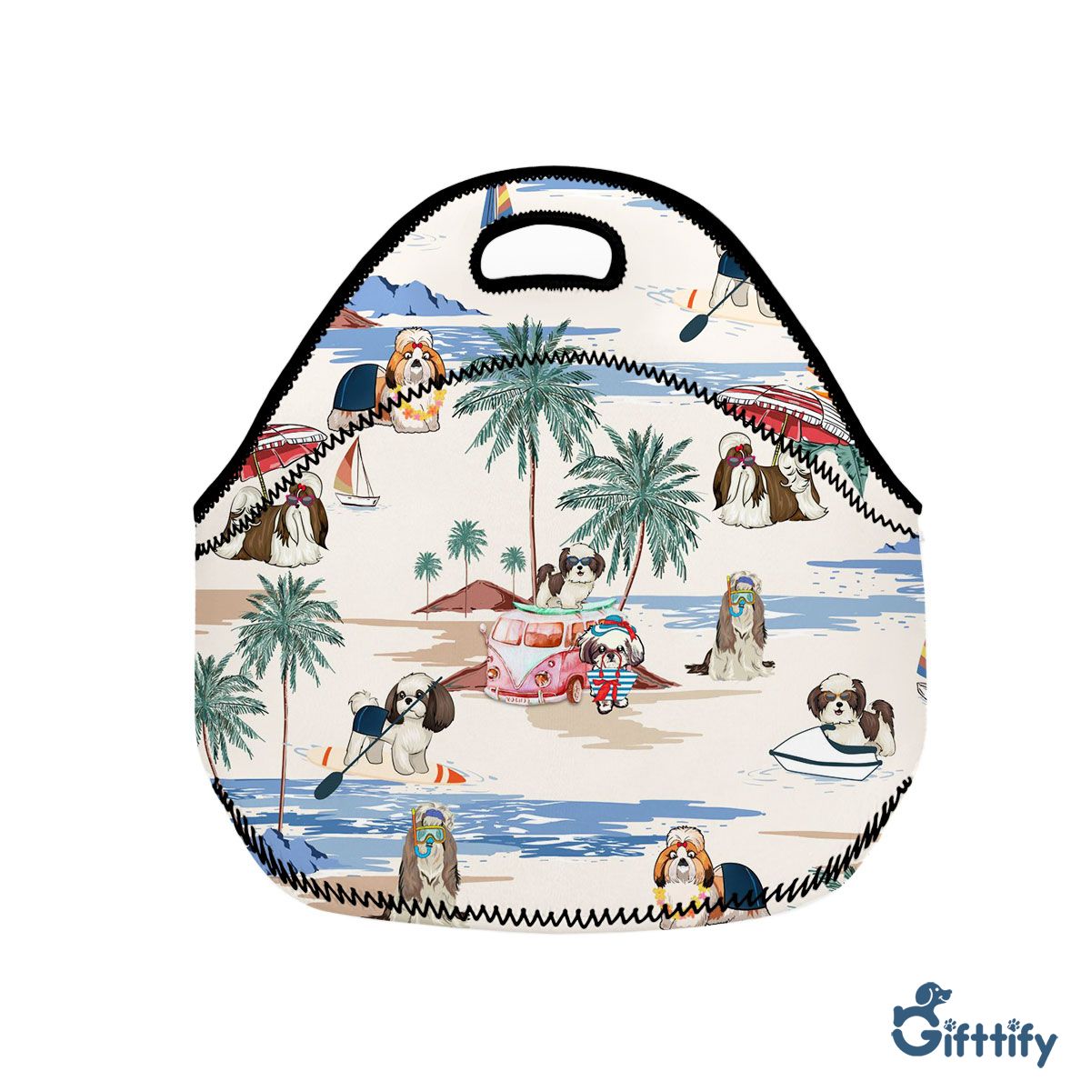 Shih Tzu Neoprene Lunch Bags - Dog Beach, Boating, Relaxing, Sunbathing, Snorkeling, Summer Beach Vacation Neoprene Lunch Bags