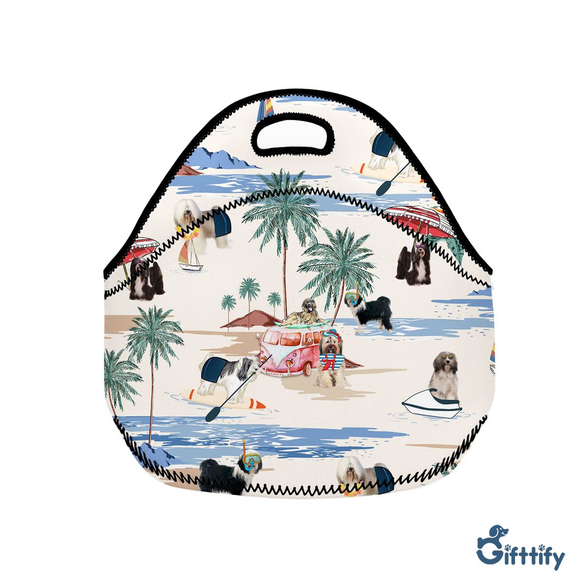 TibetanTerrier Neoprene Lunch Bags - Dog Beach, Boating, Relaxing, Sunbathing, Snorkeling, Summer Beach Vacation Neoprene Lunch Bags