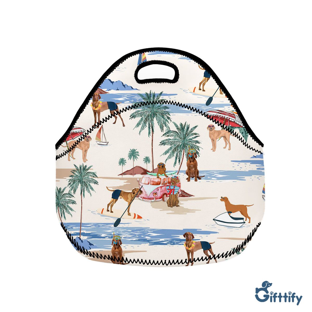 Vizsla Neoprene Lunch Bags - Dog Beach, Boating, Relaxing, Sunbathing, Snorkeling, Summer Beach Vacation Neoprene Lunch Bags