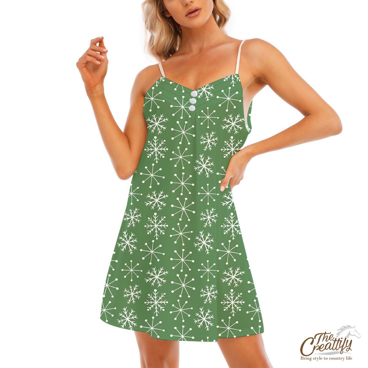 Green And White Snowflake V-Neck Sleeveless Cami Dress