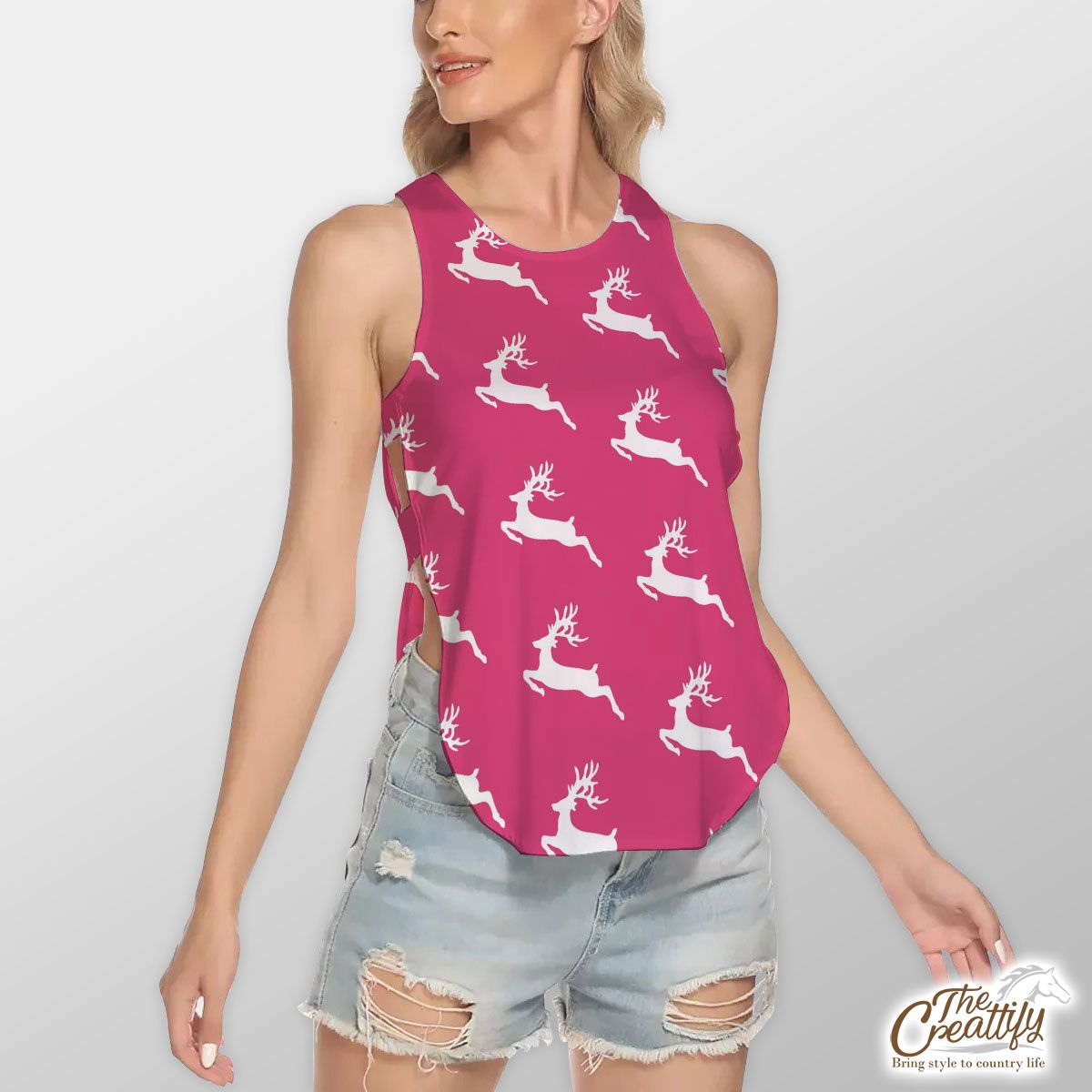 Pink And White Christmas Reindeeer Waist Hollow Yoga Vest