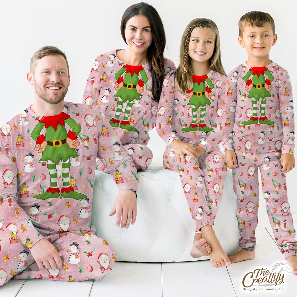 Santa Clause, Snowman And Christmas Elf With Christmas Gifts Customized Pajamas