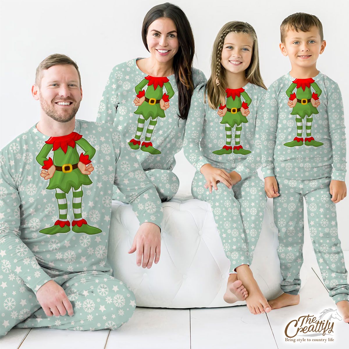 White And Light Green Snowflake And Christmas Stars Customized Pajamas